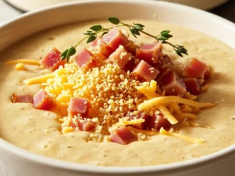 A warm porcelain bowl filled with creamy Chicken Cordon Bleu chowder, topped with golden toasted panko and fresh thyme.