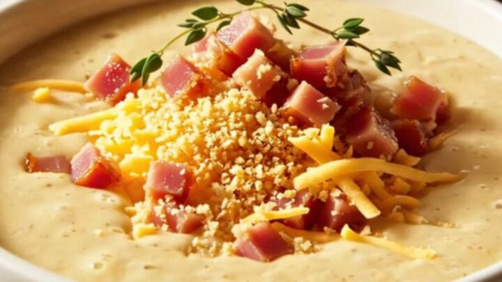 A warm porcelain bowl filled with creamy Chicken Cordon Bleu chowder, topped with golden toasted panko and fresh thyme.