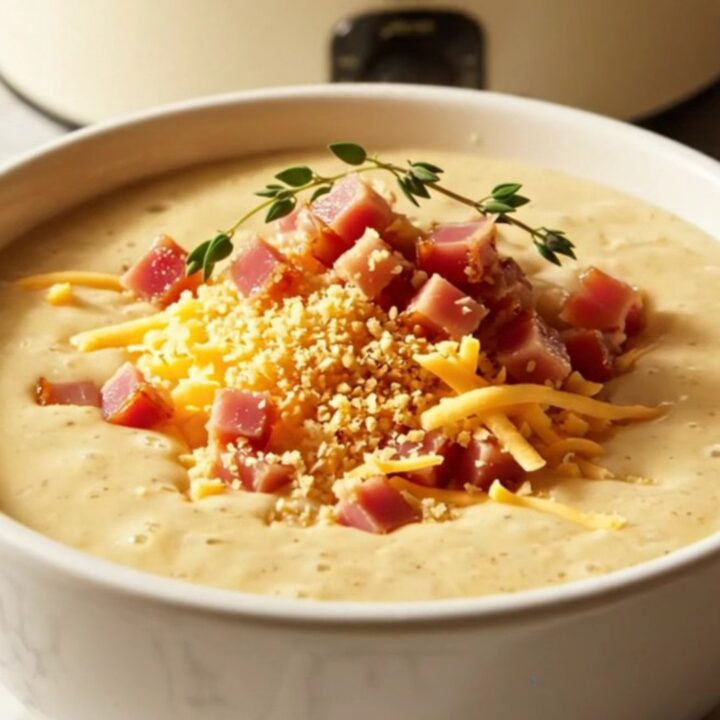A warm porcelain bowl filled with creamy Chicken Cordon Bleu chowder, topped with golden toasted panko and fresh thyme.