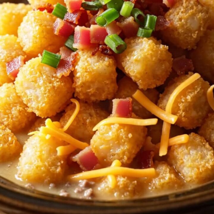A close-up of a ladle lifting thick, creamy cheddar bacon soup from a stainless steel slow cooker.