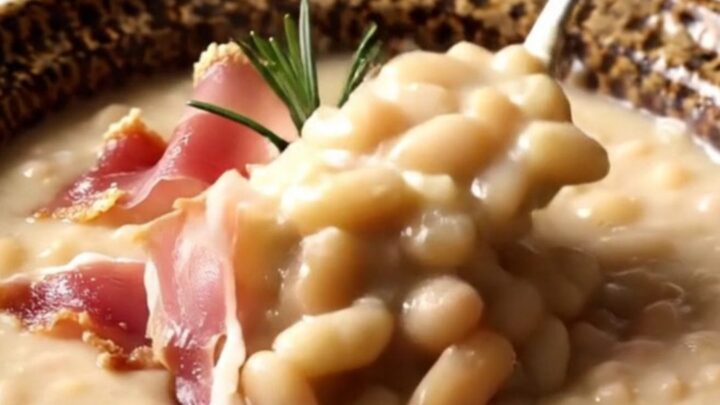 A rustic ceramic bowl filled with velvety white bean soup topped with crispy prosciutto and fresh rosemary.