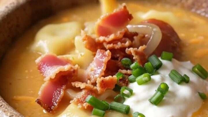 A rustic bowl of creamy pierogi soup topped with crispy bacon, caramelized onions, and fresh chives