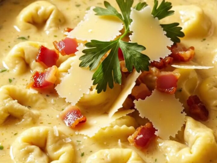 A warm, creamy chicken Alfredo tortellini soup in a ceramic bowl with crispy pancetta and fresh parsley.