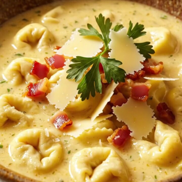 A warm, creamy chicken Alfredo tortellini soup in a ceramic bowl with crispy pancetta and fresh parsley.