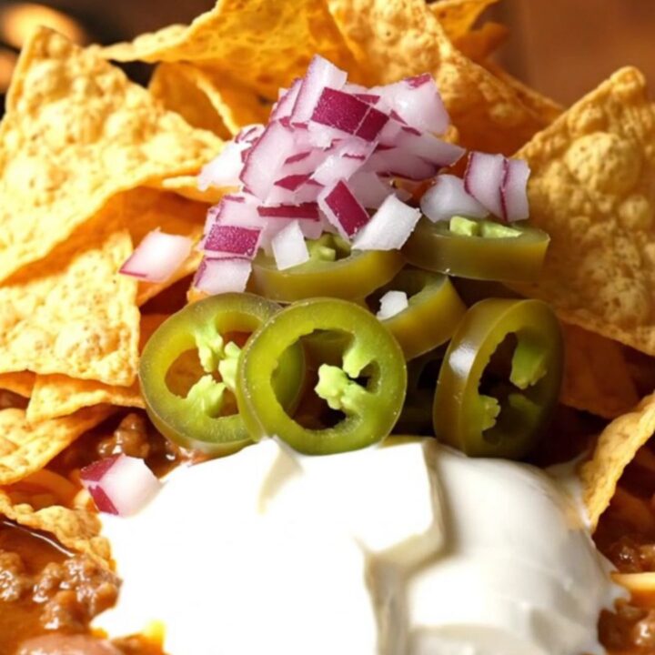 A close-up of a ladle scooping thick, smoky cowboy chili from a black ceramic Crockpot.