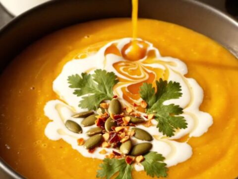 A warm bowl of vibrant orange carrot ginger bisque with a swirl of coconut cream and toasted seeds.