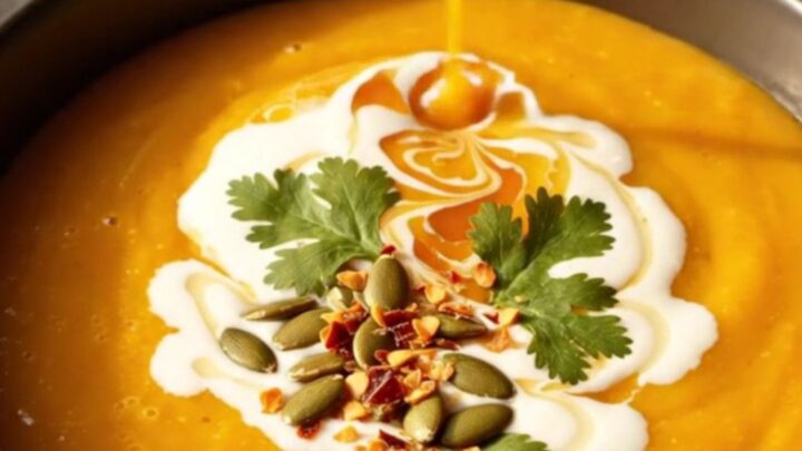 A warm bowl of vibrant orange carrot ginger bisque with a swirl of coconut cream and toasted seeds.