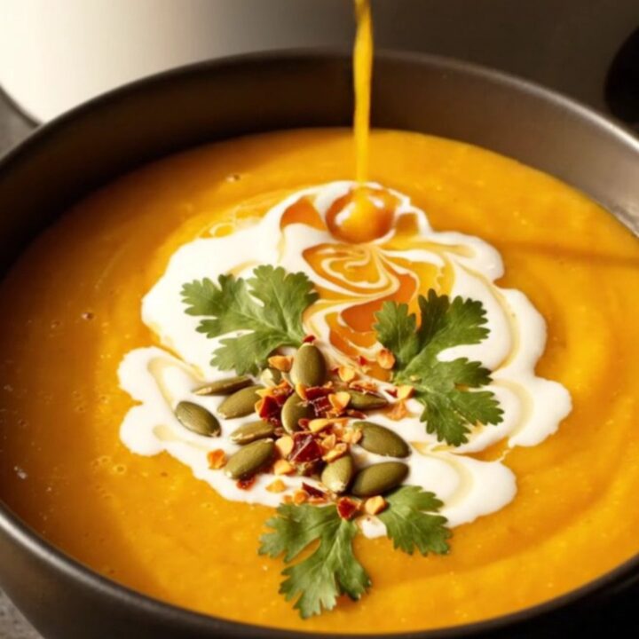 A warm bowl of vibrant orange carrot ginger bisque with a swirl of coconut cream and toasted seeds.