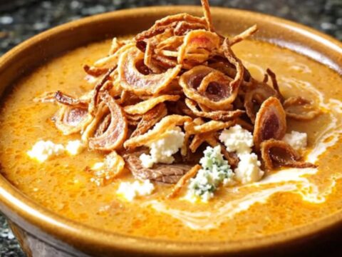 A close-up of a ladle lifting rich, creamy buffalo steak chowder from a dark stoneware Crockpot.