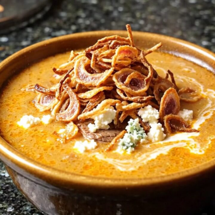 A close-up of a ladle lifting rich, creamy buffalo steak chowder from a dark stoneware Crockpot.