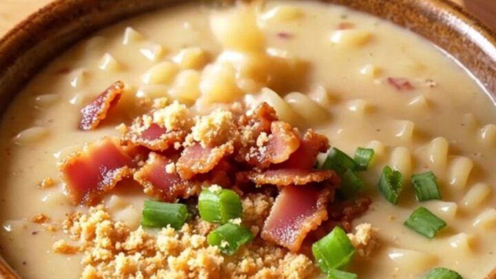 A close-up of a bowl of creamy beer cheese mac and cheese soup topped with crispy bacon and green onions.