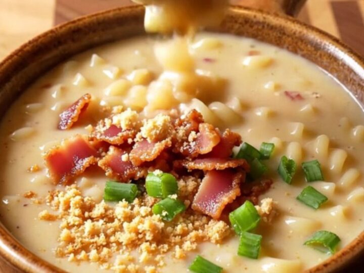 A close-up of a bowl of creamy beer cheese mac and cheese soup topped with crispy bacon and green onions.