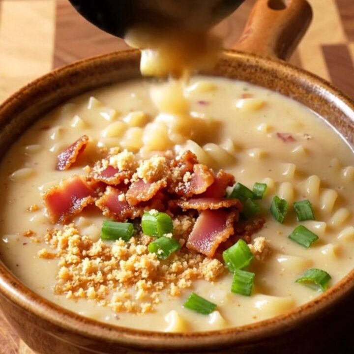 A close-up of a bowl of creamy beer cheese mac and cheese soup topped with crispy bacon and green onions.