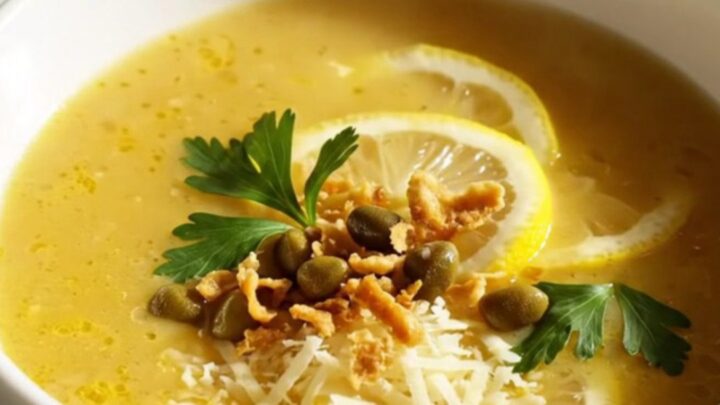 A warm, creamy lemon-yellow chicken piccata soup in a porcelain bowl on a marble countertop.