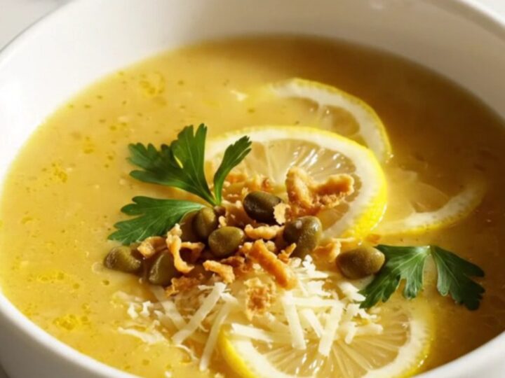 A warm, creamy lemon-yellow chicken piccata soup in a porcelain bowl on a marble countertop.