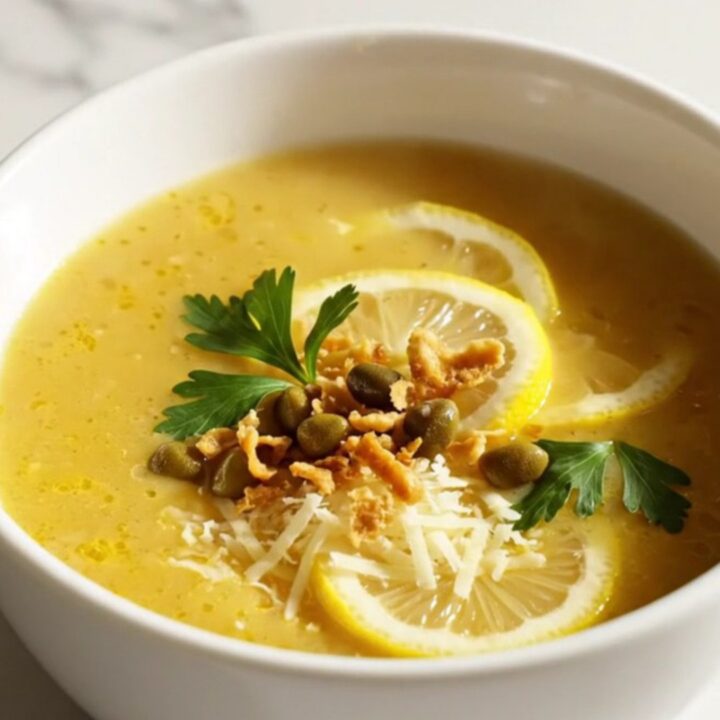 A warm, creamy lemon-yellow chicken piccata soup in a porcelain bowl on a marble countertop.