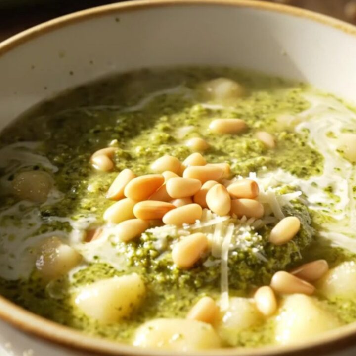 A bowl of creamy basil pesto chicken gnocchi soup topped with mozzarella pearls and pine nuts.