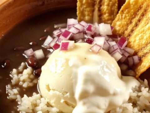 A warm ceramic bowl of glossy black bean soup with a swirl of crema and ham chunks.