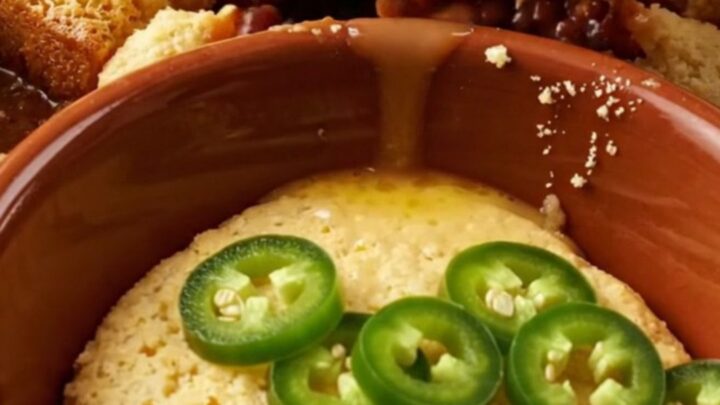A golden-baked cornbread crust sitting on top of a bubbling, rich beef chili in a crimson-red ceramic slow cooker.
