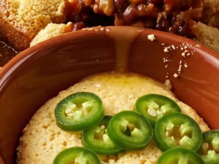 A golden-baked cornbread crust sitting on top of a bubbling, rich beef chili in a crimson-red ceramic slow cooker.