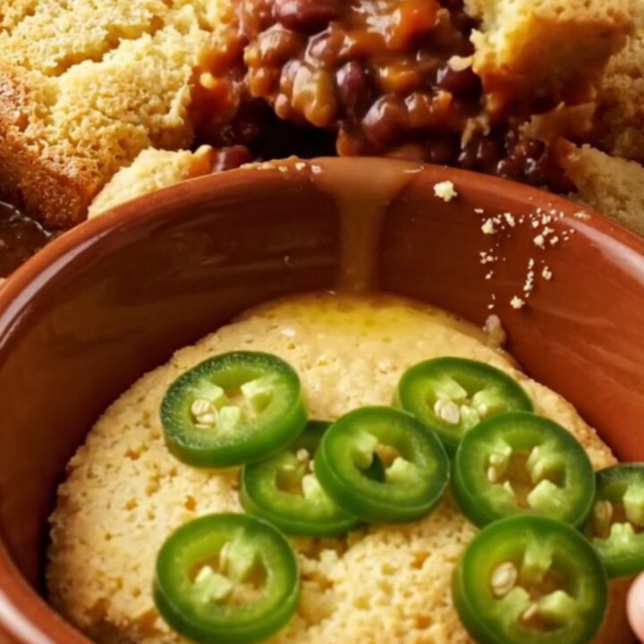A golden-baked cornbread crust sitting on top of a bubbling, rich beef chili in a crimson-red ceramic slow cooker.