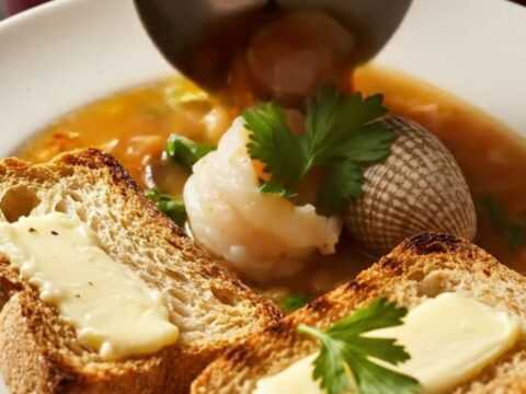 A steaming bowl of cioppino featuring crab legs, clams, and shrimp in a vibrant red tomato broth.