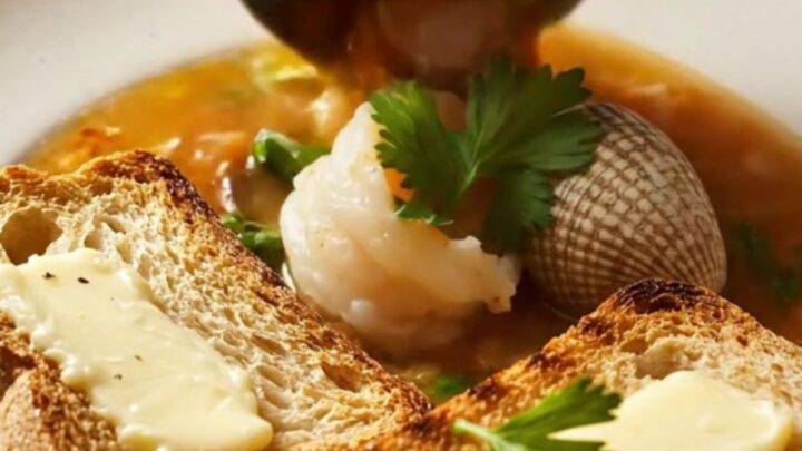 A steaming bowl of cioppino featuring crab legs, clams, and shrimp in a vibrant red tomato broth.