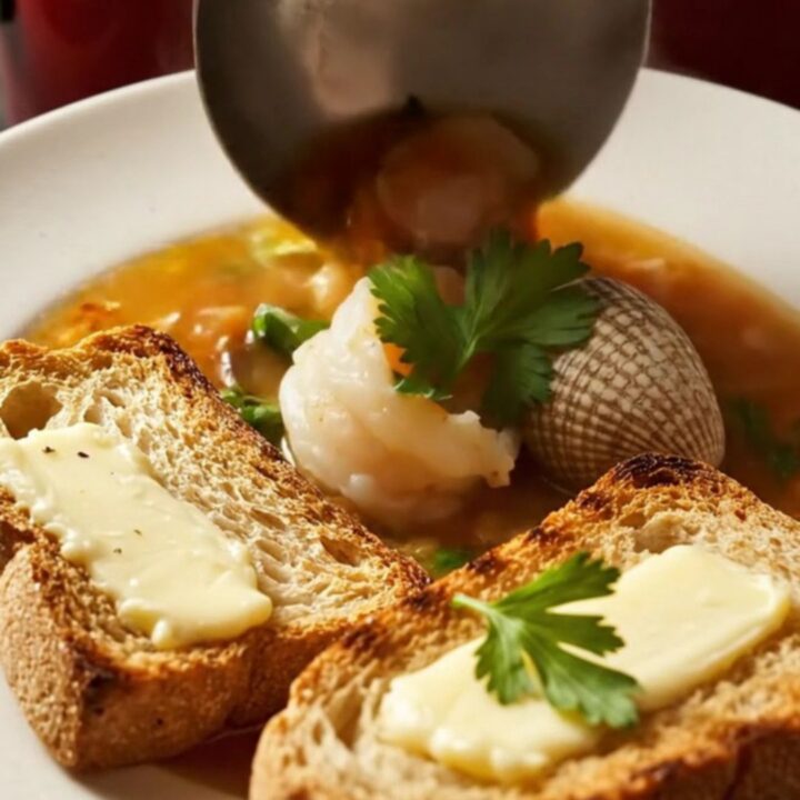 A steaming bowl of cioppino featuring crab legs, clams, and shrimp in a vibrant red tomato broth.