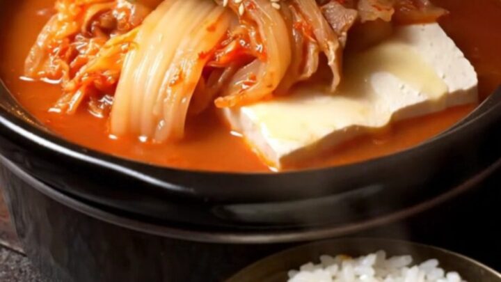 A steaming bowl of vibrant red kimchi jjigae topped with fresh scallions and sesame seeds.