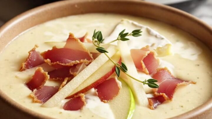A warm porcelain bowl filled with creamy ivory Brie bisque, topped with crispy prosciutto, green apple matchsticks