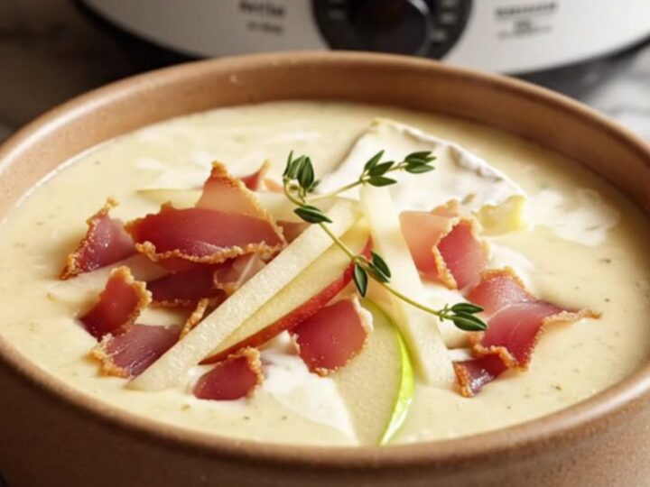 A warm porcelain bowl filled with creamy ivory Brie bisque, topped with crispy prosciutto, green apple matchsticks