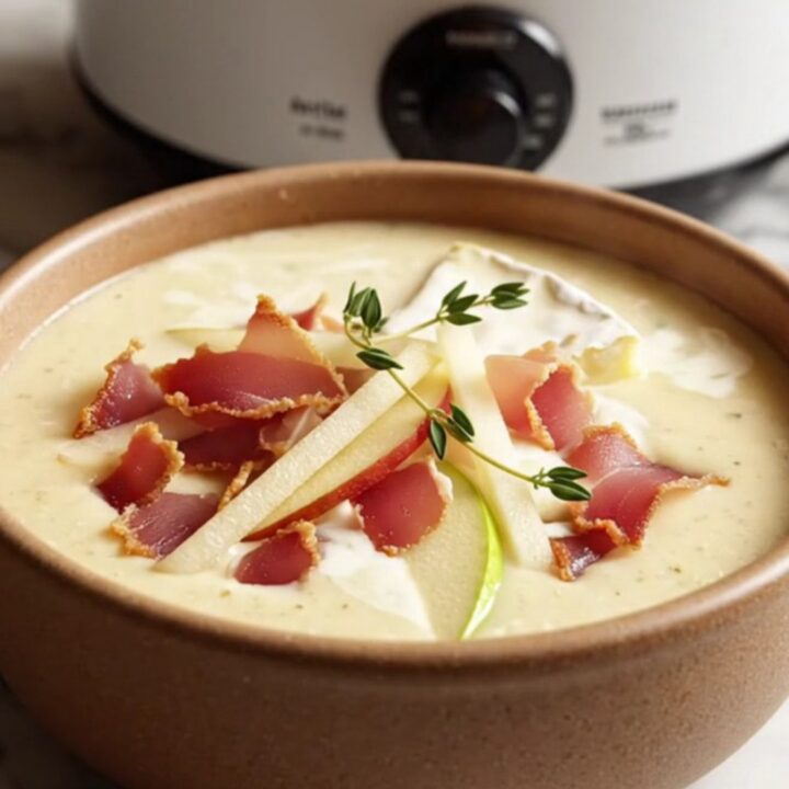 A warm porcelain bowl filled with creamy ivory Brie bisque, topped with crispy prosciutto, green apple matchsticks