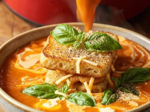 A vibrant bowl of velvety roasted red pepper and smoked Gouda soup topped with a golden grilled cheese crouton raft.
