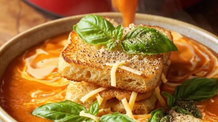 A vibrant bowl of velvety roasted red pepper and smoked Gouda soup topped with a golden grilled cheese crouton raft.