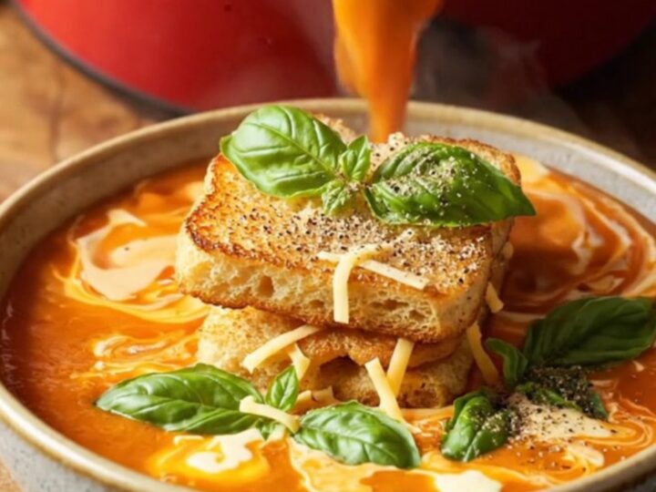 A vibrant bowl of velvety roasted red pepper and smoked Gouda soup topped with a golden grilled cheese crouton raft.