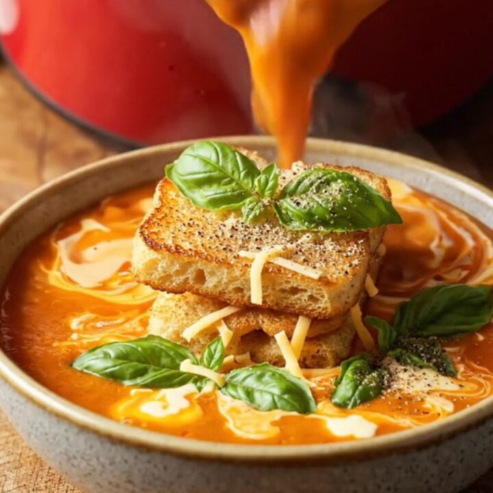 A vibrant bowl of velvety roasted red pepper and smoked Gouda soup topped with a golden grilled cheese crouton raft.