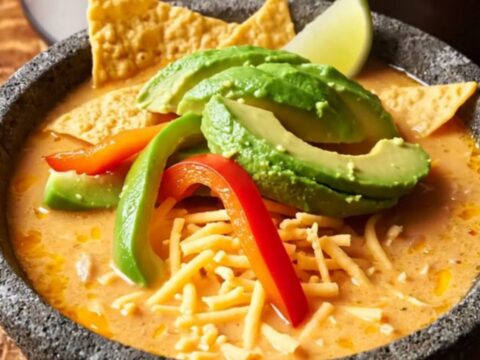 A warm stoneware bowl filled with creamy fajita chicken soup topped with avocado, lime, and tortilla strips.