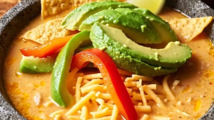 A warm stoneware bowl filled with creamy fajita chicken soup topped with avocado, lime, and tortilla strips.