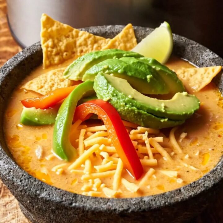 A warm stoneware bowl filled with creamy fajita chicken soup topped with avocado, lime, and tortilla strips.