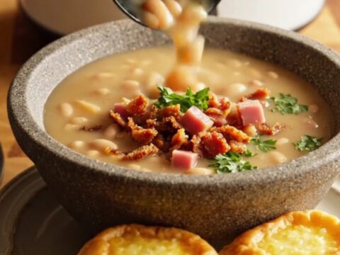 A creamy Senate navy bean soup with ham chunks in a white stoneware bowl.
