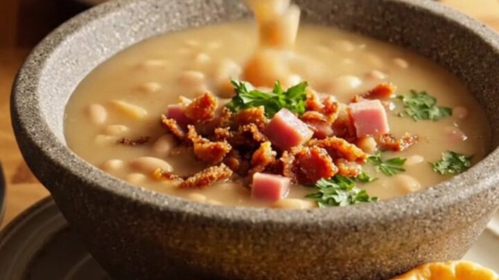 A creamy Senate navy bean soup with ham chunks in a white stoneware bowl.