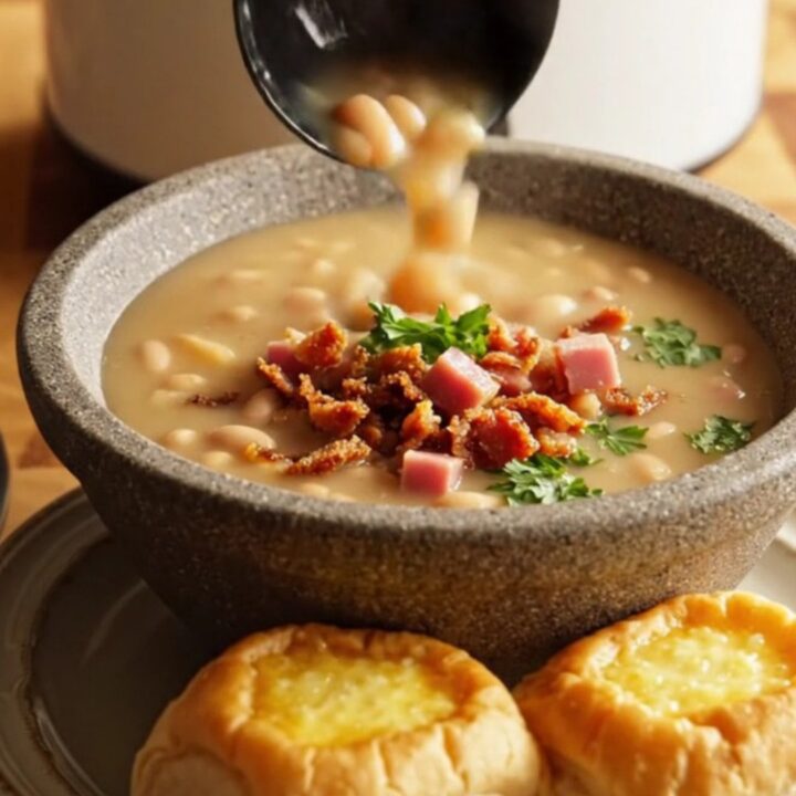 A creamy Senate navy bean soup with ham chunks in a white stoneware bowl.