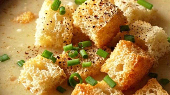 A close-up of a warm bowl of creamy chicken and wild rice soup topped with fresh chives and croutons.