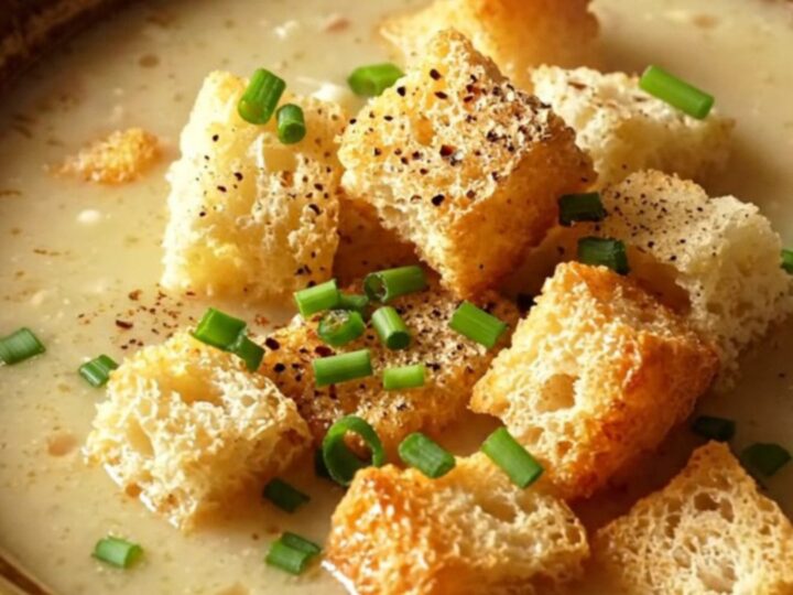 A close-up of a warm bowl of creamy chicken and wild rice soup topped with fresh chives and croutons.