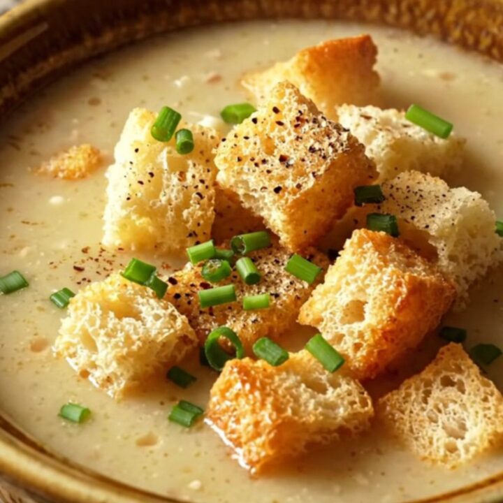 A close-up of a warm bowl of creamy chicken and wild rice soup topped with fresh chives and croutons.