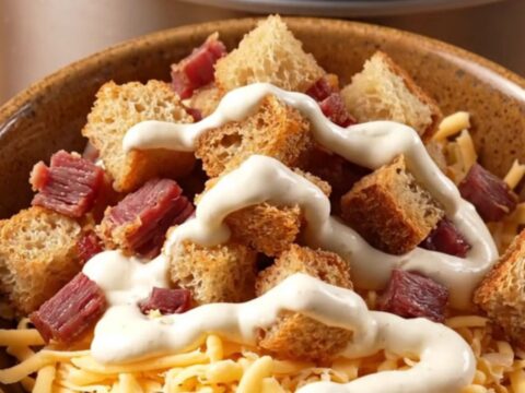 A warm ceramic bowl filled with creamy Reuben chowder, topped with rye croutons and a swirl of dressing.
