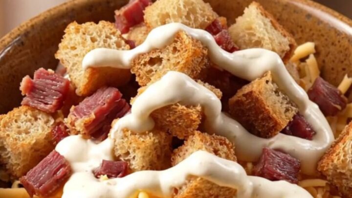 A warm ceramic bowl filled with creamy Reuben chowder, topped with rye croutons and a swirl of dressing.