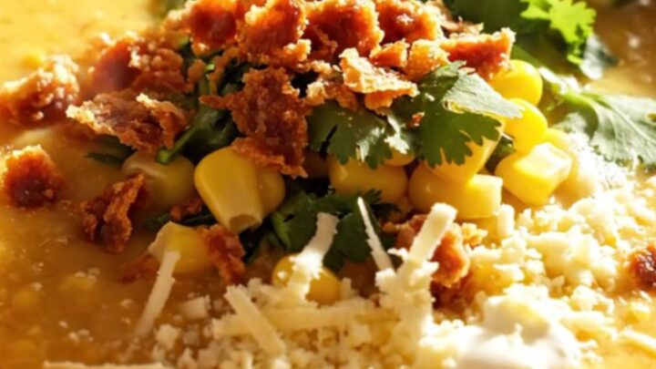 A close-up shot of creamy yellow corn chowder in a rustic stoneware bowl, topped with crispy chorizo, cilantro, and lime.