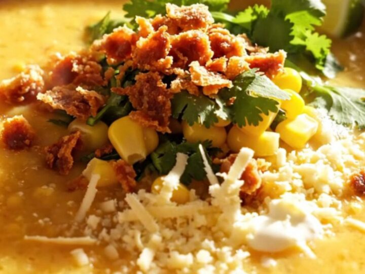A close-up shot of creamy yellow corn chowder in a rustic stoneware bowl, topped with crispy chorizo, cilantro, and lime.