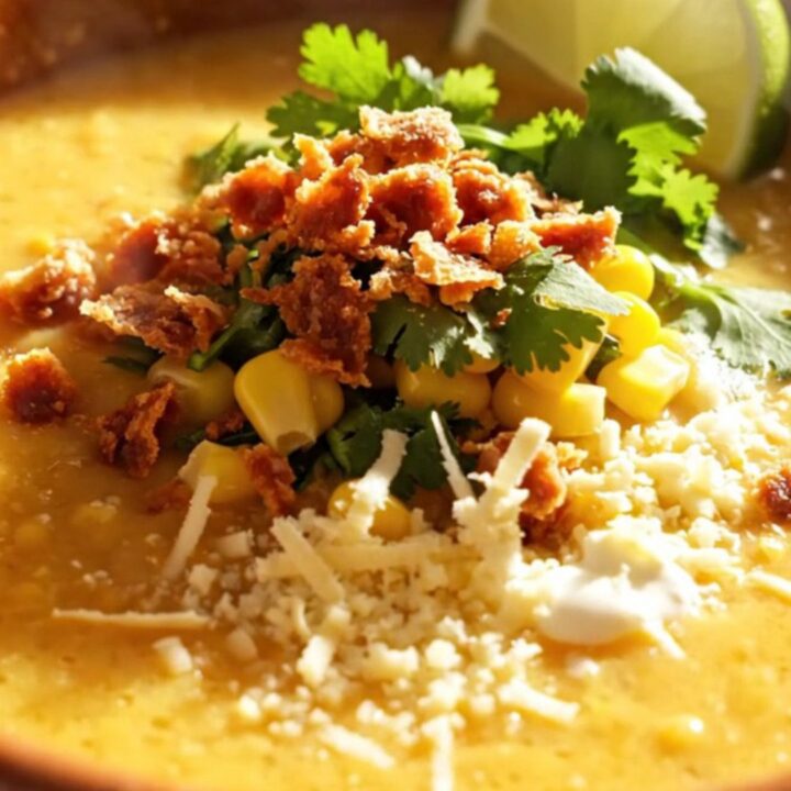 A close-up shot of creamy yellow corn chowder in a rustic stoneware bowl, topped with crispy chorizo, cilantro, and lime.